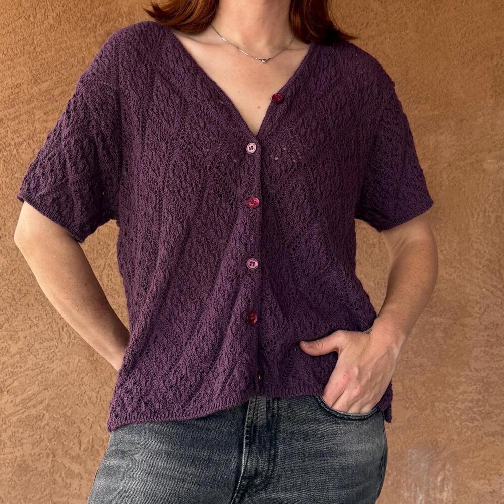 Vintage Purple Pointelle Knit Cardigan Sweater | Short Sleeve Button Front USA